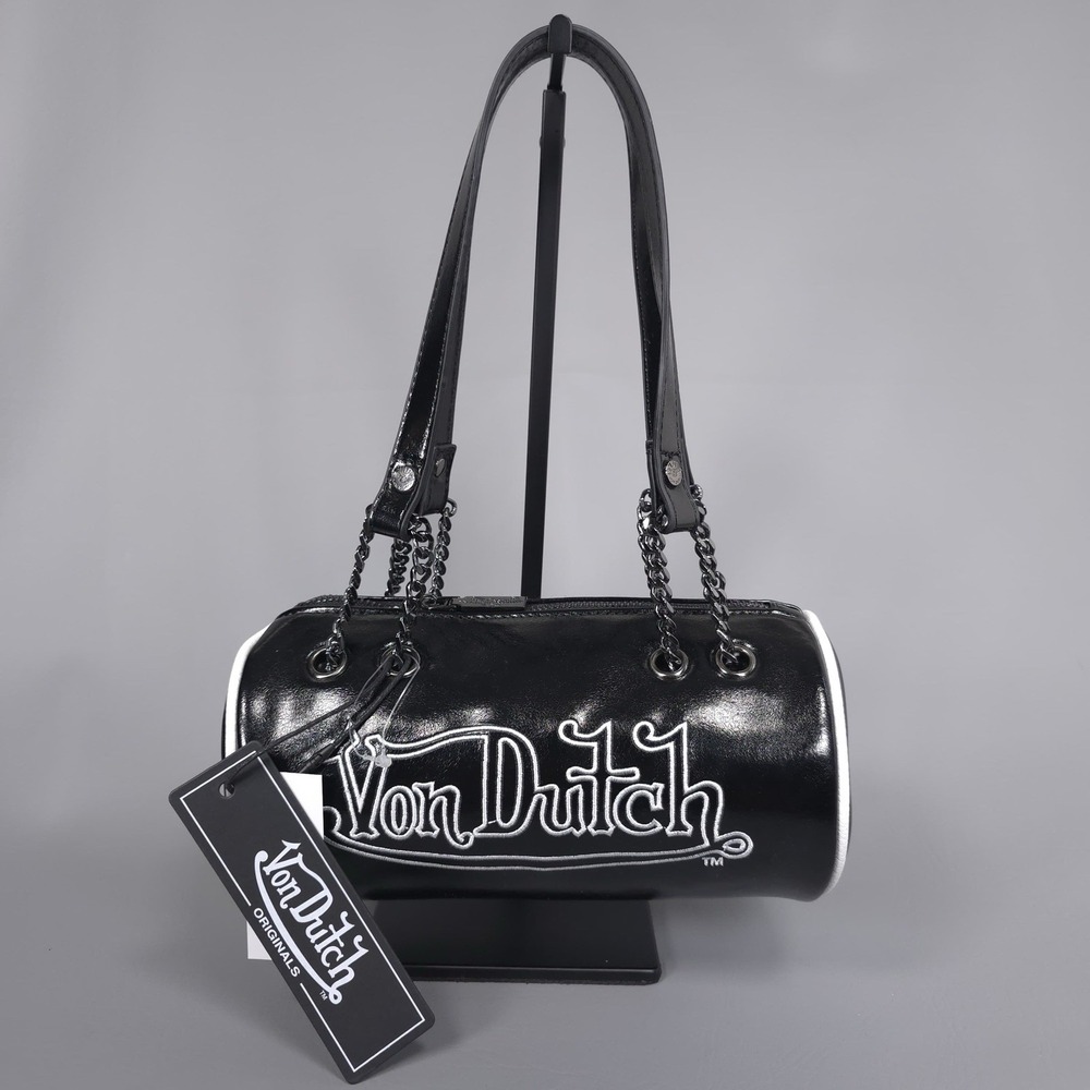 VON DUTCH Women's New Barrel Bag Purse Logo Black Handbag Shoulder Vegan Leather